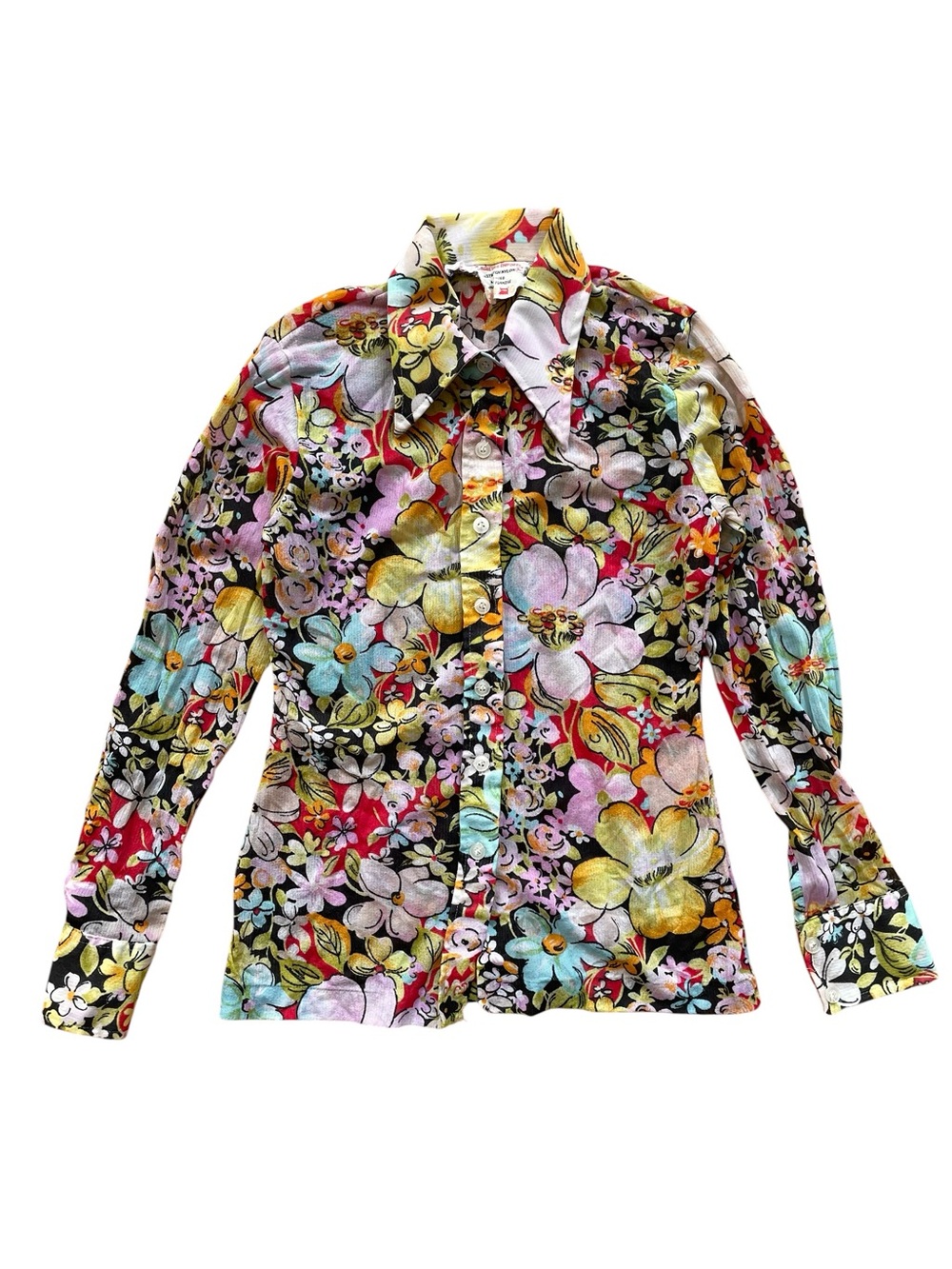 Vinage 1960's 1970's Nylon Floral Print Dagger Collar Blouse